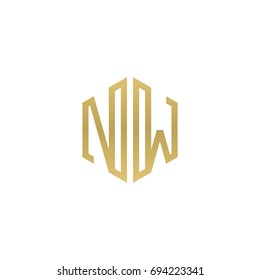Initial letter NW, minimalist line art hexagon shape logo, gold color
