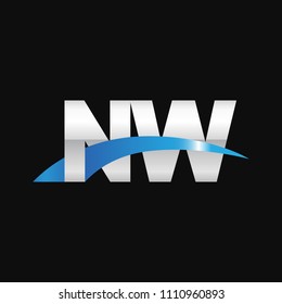 Initial letter NW, overlapping movement swoosh logo, metal silver blue color on black background