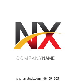 initial letter NX logotype company name colored red, black and yellow swoosh design. isolated on white background.
