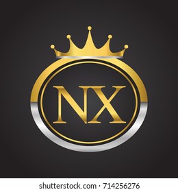 initial letter NX logotype company name with oval shape and crown, gold and silver color. vector logo for business and company identity.