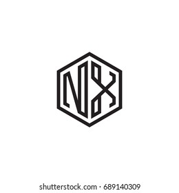 Initial letter NX, minimalist line art monogram hexagon logo, black color