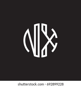 Initial letter NX, minimalist line art monogram circle shape logo, white color on black background