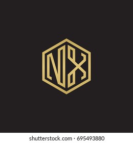 Initial letter NX, minimalist line art hexagon logo, gold color on black background