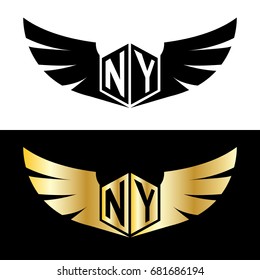 Initial Letter NY Hexagonal Shape Logo with Wings Icon