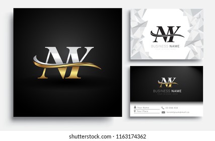 initial letter NY logotype company name colored gold and silver swoosh design. Vector sets for business identity on white background.