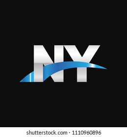 Initial letter NY, overlapping movement swoosh logo, metal silver blue color on black background
