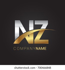 initial letter NZ logotype company name colored gold and silver swoosh design. isolated on black background.