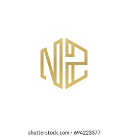 Initial letter NZ, minimalist line art hexagon shape logo, gold color