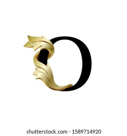 Initial letter O, 3D luxury golden leaf overlapping black sherif font on white background