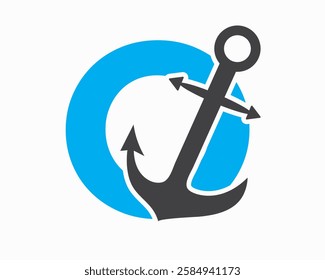 Initial Letter O Anchor Logo Design Concept For Boat, Ship, Yacht, Nautical Transport Symbol