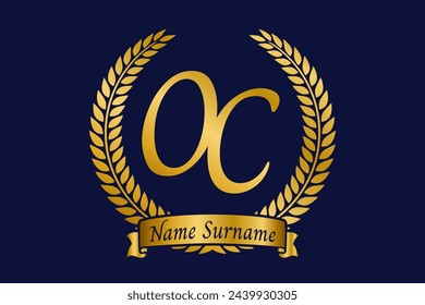 Initial letter O and C, OC monogram logo design with laurel wreath. Luxury golden emblem with calligraphy font.