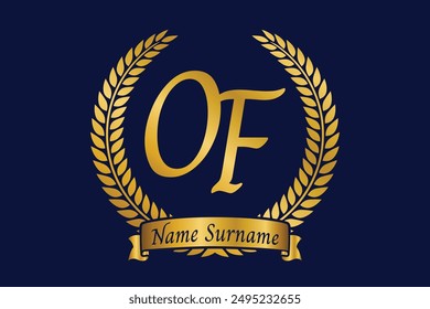 Initial letter O and F, OF monogram logo design with laurel wreath. Luxury golden calligraphy font.