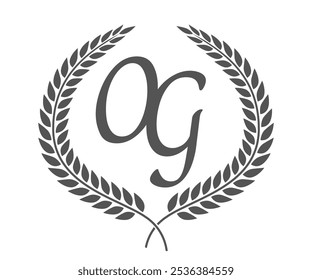 Initial letter O and G, OG monogram logo design with laurel wreath. Luxury calligraphy font.