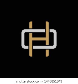 Initial letter O and H, OH, HO, overlapping interlock logo, monogram line art style, silver gold on black background