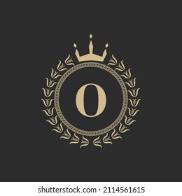 Ursprünglicher Brief des Heraldischen Königlichen Rahmens mit Kronen und Laurel Kranz. Einfaches klassisches Emblem. Runde Zusammensetzung. Grafikstil. Kunstelemente für Vektorgrafik-Logo-Design
