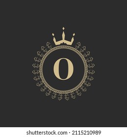 Initial Letter O Heraldic Royal Frame with Crown and Laurel Wreath. Simple Classic Emblem. Round Composition. Graphics Style. Art Elements for Logo Design Vector Illustration