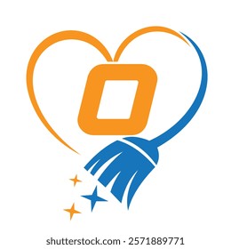 Initial Letter O House Clean Logo Concept With Cleaning Brush and Heart Symbol. Broom Sign