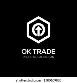 Initial letter O inside Hexagon with arrow shape. Modern white logo template for business or finance.
