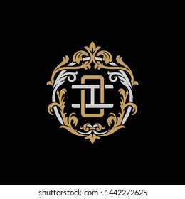 Initial letter I and O, IO, OI, decorative ornament emblem badge, overlapping monogram logo, elegant luxury silver gold color on black background