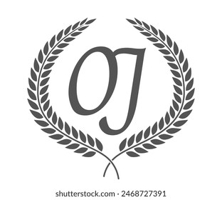 Initial letter O and J, OJ monogram logo design with laurel wreath. Luxury calligraphy font.
