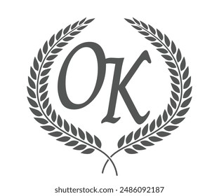 Letra inicial O y K, diseño de logotipo de monograma OK con corona de laurel. Fuente de caligrafía de lujo.