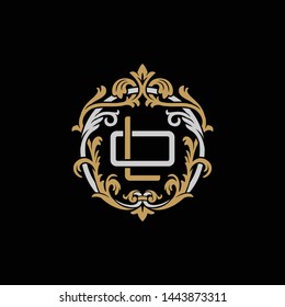 Initial letter O and L, OL, LO, decorative ornament emblem badge, overlapping monogram logo, elegant luxury silver gold color on black background