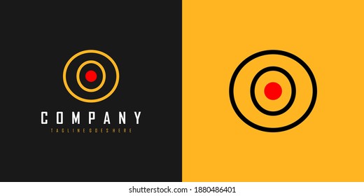 Initial Letter O Logo. Black and Yellow Shapes Circle Line Style with Red Dot inside isolated on Double Background. Usable for Business and Branding Logos. Flat Vector Logo Design Template Element.