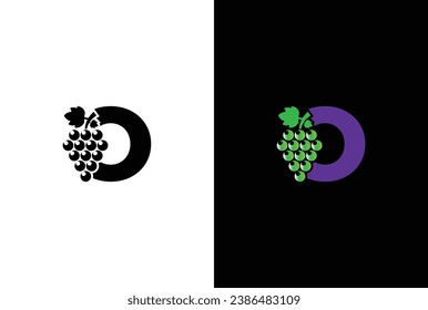 Initial letter O logo. Modern and simple letter O for the Grape symbol logo design with green leaves.