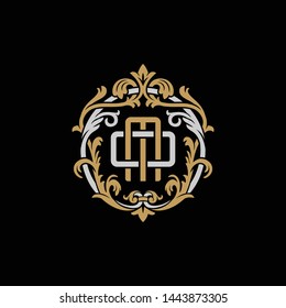 Initial letter O and M, OM, MO, decorative ornament emblem badge, overlapping monogram logo, elegant luxury silver gold color on black background