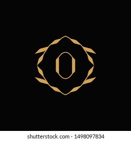Initial letter O monogram logo, decorative ornament emblem badge, , elegant luxury gold color on black background