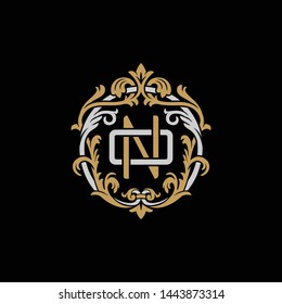 Initial letter O and N, ON, NO, decorative ornament emblem badge, overlapping monogram logo, elegant luxury silver gold color on black background