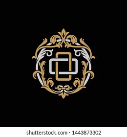 Initial letter O and O, OO, decorative ornament emblem badge, overlapping monogram logo, elegant luxury silver gold color on black background
