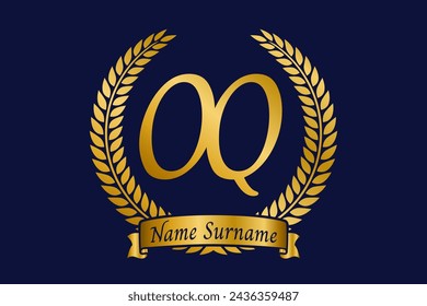 Initial letter O and Q, OQ monogram logo design with laurel wreath. Luxury golden emblem with calligraphy font.