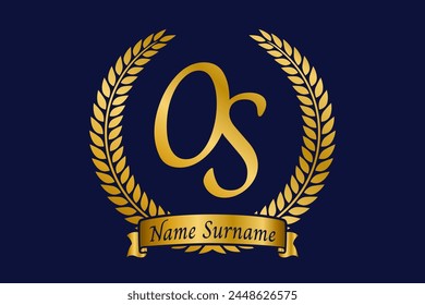 Initial letter O and S, OS monogram logo design with laurel wreath. Luxury golden calligraphy font.