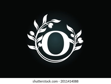 Initial letter O sign symbol with olive branch wreath. Round floral frame made by the olive branch. Agriculture industry logo design vector template. Olive oil label