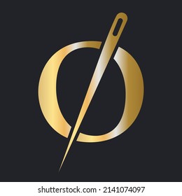 Initial Letter O Tailor Logo, Needle and Thread Combination for Embroider, Textile, Fashion, Cloth, Fabric, Golden Color Template