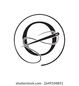 Letra inicial O logotipo alfaiate, agulha e logotipo de linha para vestuário, bordado, têxtil, moda, pano, sinal de tecido