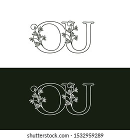 Initial letter O and U, OU, Vintage Floral Logo Icon, classy black and white letter monogram logo icon suitable for boutique,restaurant, wedding service, hotel or business identity.