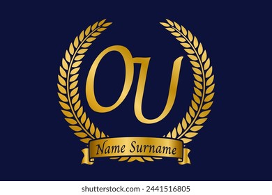 Initial letter O and U, OU monogram logo design with laurel wreath. Luxury golden calligraphy font.