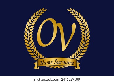 Letra inicial O y V, diseño del logotipo del monograma de OV con corona de laurel. Fuente de caligrafía dorada de lujo.
