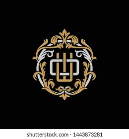 Initial letter O and W, OW, WO, decorative ornament emblem badge, overlapping monogram logo, elegant luxury silver gold color on black background