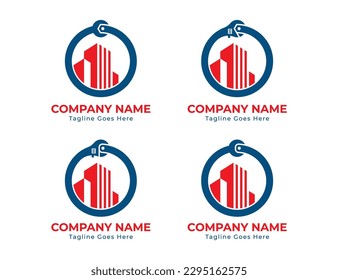 initial Letter O Wrench Building Repair Logo Concept sign icon symbol Design Element. Plumbing, House, Home Repair, Construction Building, Mechanic Services Logotype. Vector illustration template 