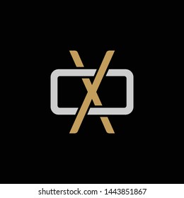 Initial letter O and X, OX, XO, overlapping interlock logo, monogram line art style, silver gold on black background
