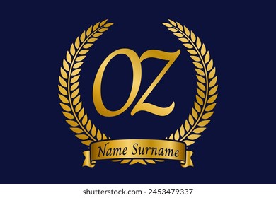 Initial letter O and Z, OZ monogram logo design with laurel wreath. Luxury golden calligraphy font.