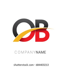 initial letter OB logotype company name colored red, black and yellow swoosh design. isolated on white background.

