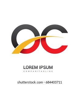 initial letter OC logotype company name colored red, black and yellow swoosh design. isolated on white background.
