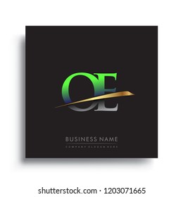 initial letter OE logotype company name colored green and gold swoosh design. vector logo for business and company