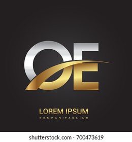 initial letter OE logotype company name colored gold and silver swoosh design. isolated on black background.