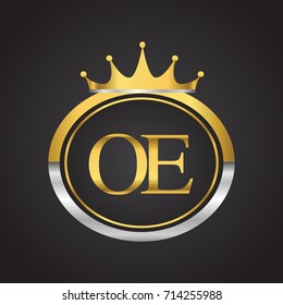 initial letter OE logotype company name with oval shape and crown, gold and silver color. vector logo for business and company identity.