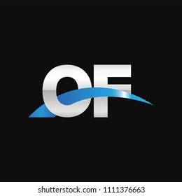 Initial letter OF, overlapping movement swoosh logo, metal silver blue color on black background
